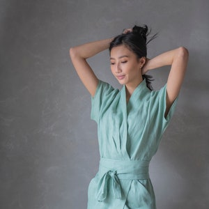 Linen Kimono Dress, Linen Wrap Dress, Linen Summer Dress DAHLIA, Linen Sun Dress, Linen Green Dress image 6