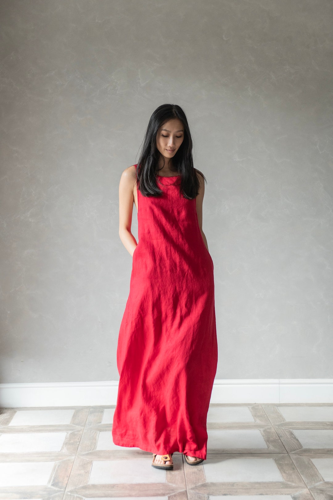 knee length dresses for ladies Loose Blue And Red Button Down Linen Maxi Dresses For Women Y753–  FantasyLinen main image 1