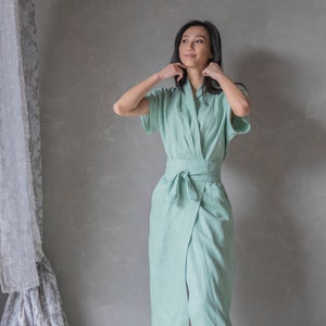 Linen Kimono Dress, Linen Wrap Dress, Linen Summer Dress DAHLIA, Linen Sun Dress, Linen Green Dress image 5