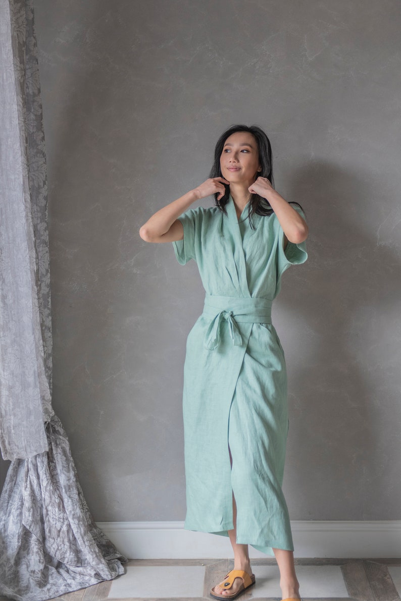 Linen Japanese Dress, Linen Wrap Dress, Summer Linen Dress DAHLIA, Linen Japanese Clothing image 5