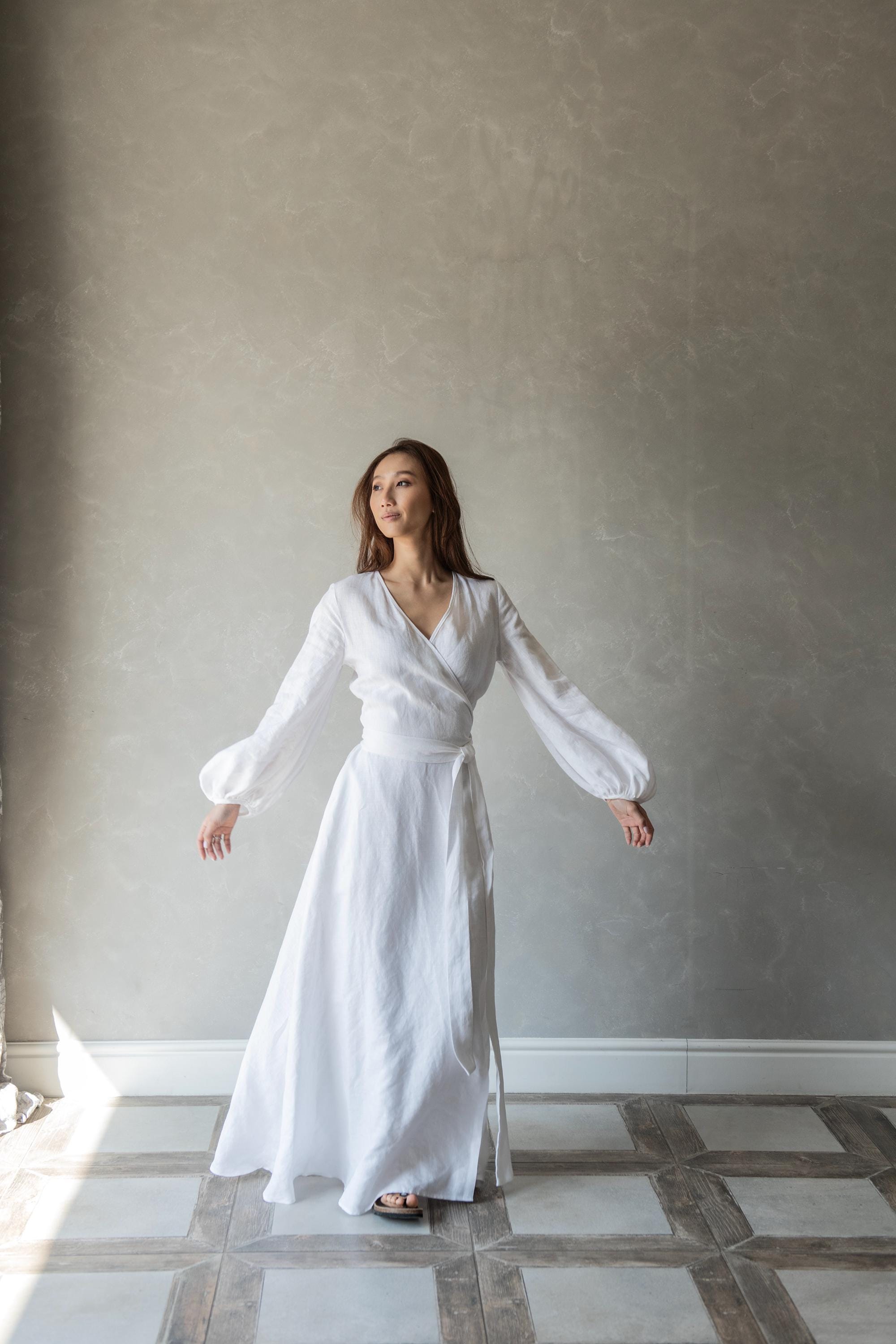 White Linen Dress, Linen Maxi Dress, Linen Wrap Summer Dress, Linen Puff Sleeve Dress, Linen Wedding Dress, Linen Dress Plus Size Rebecca