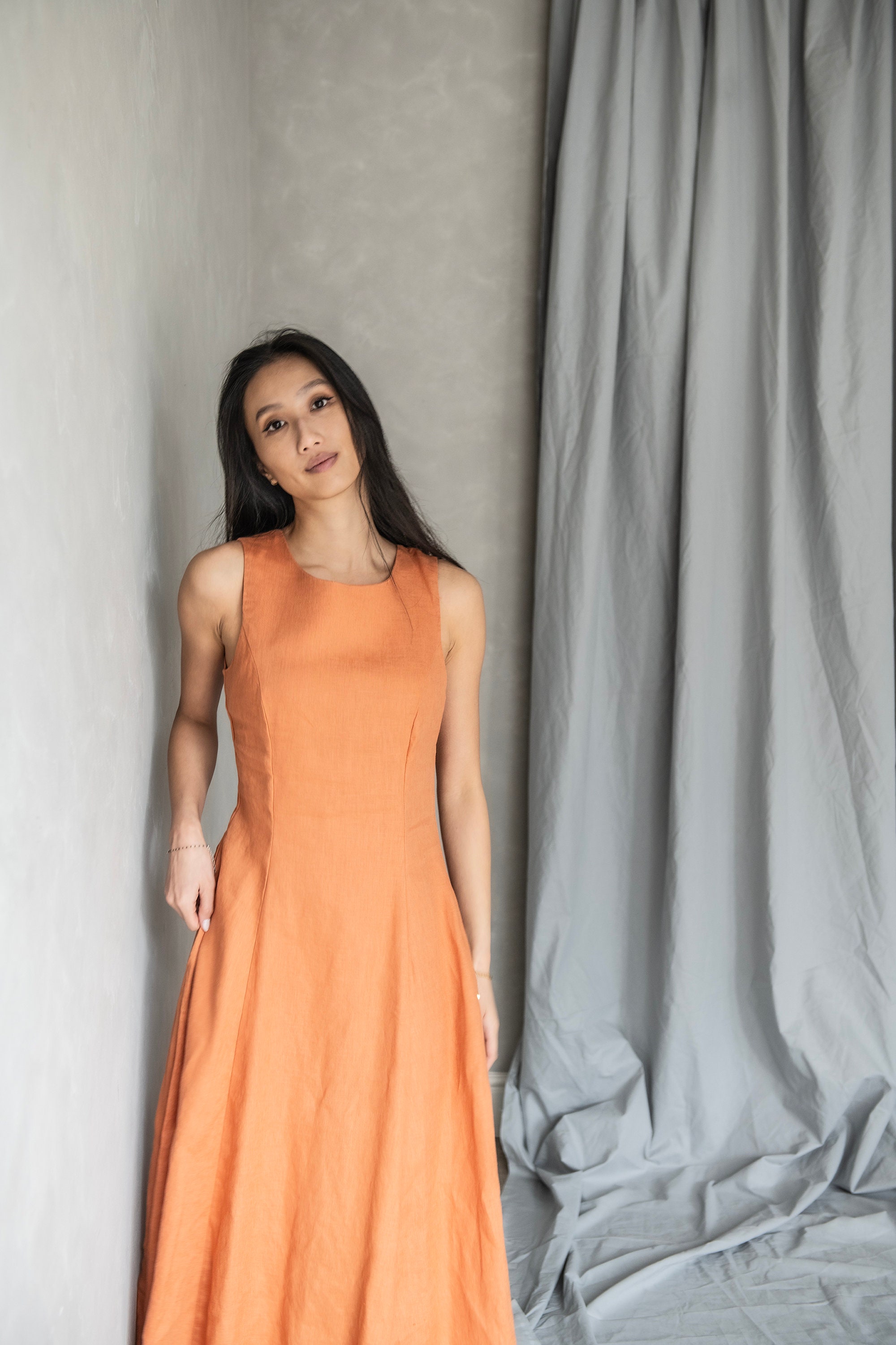 Burnt Orange Linen Dress, Linen Shift Dress, Long Linen Dress, Sleeveless Maxi Dress, Summer Fit and Flare Dress Matilda , Linen Swing Dress