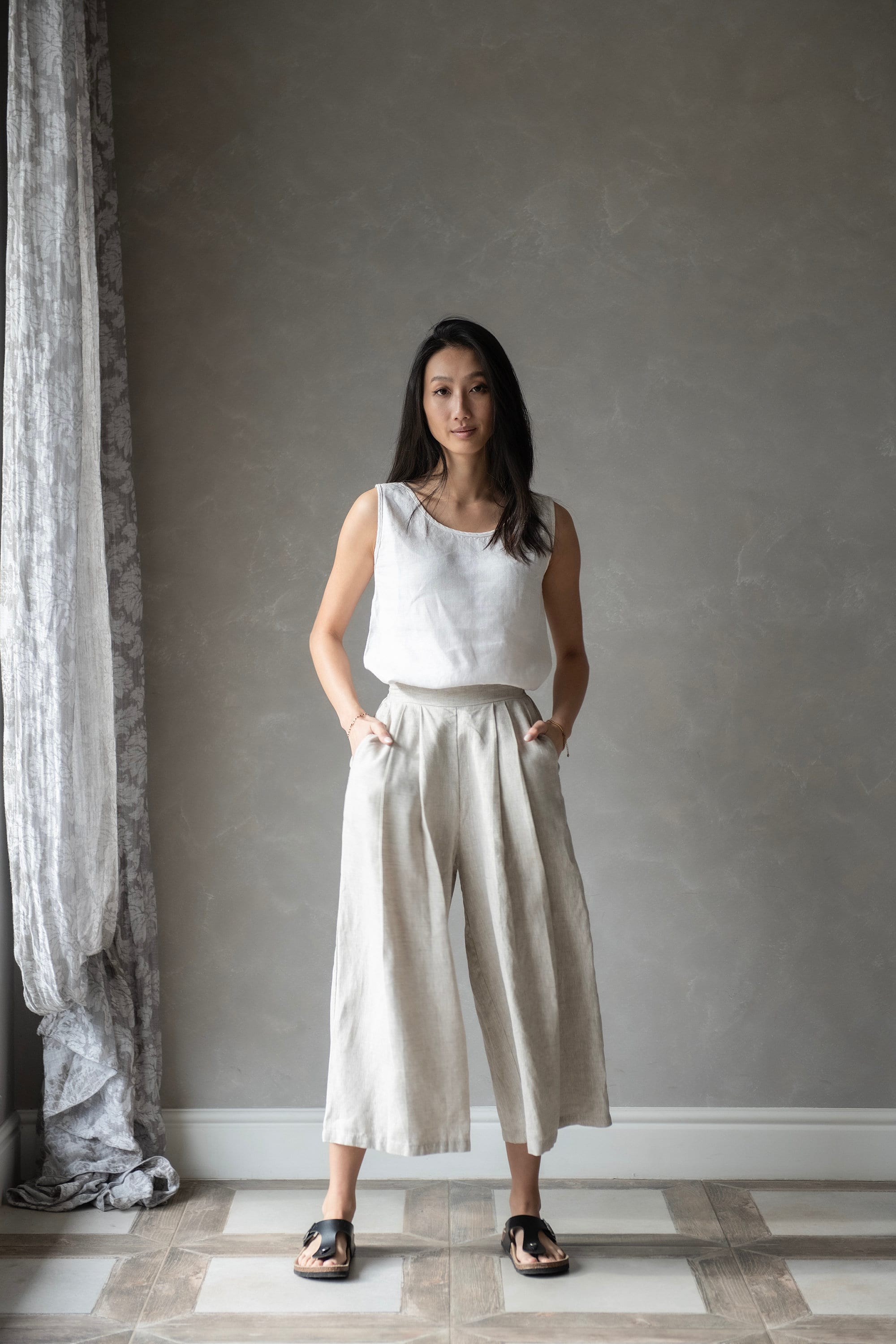 Linen Trousers Natural Beige 90’s～ Linen Pants Women, Natural Beige Linen Trousers, Palazzo