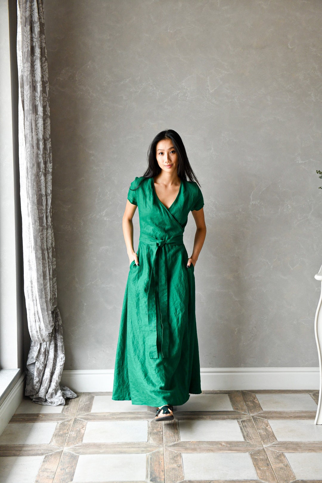 Abito lungo avvolgente in lino, abito lungo in lino, abito avvolgente