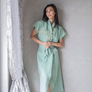 Linen Japanese Dress, Linen Wrap Dress, Summer Linen Dress DAHLIA, Linen Japanese Clothing image 4