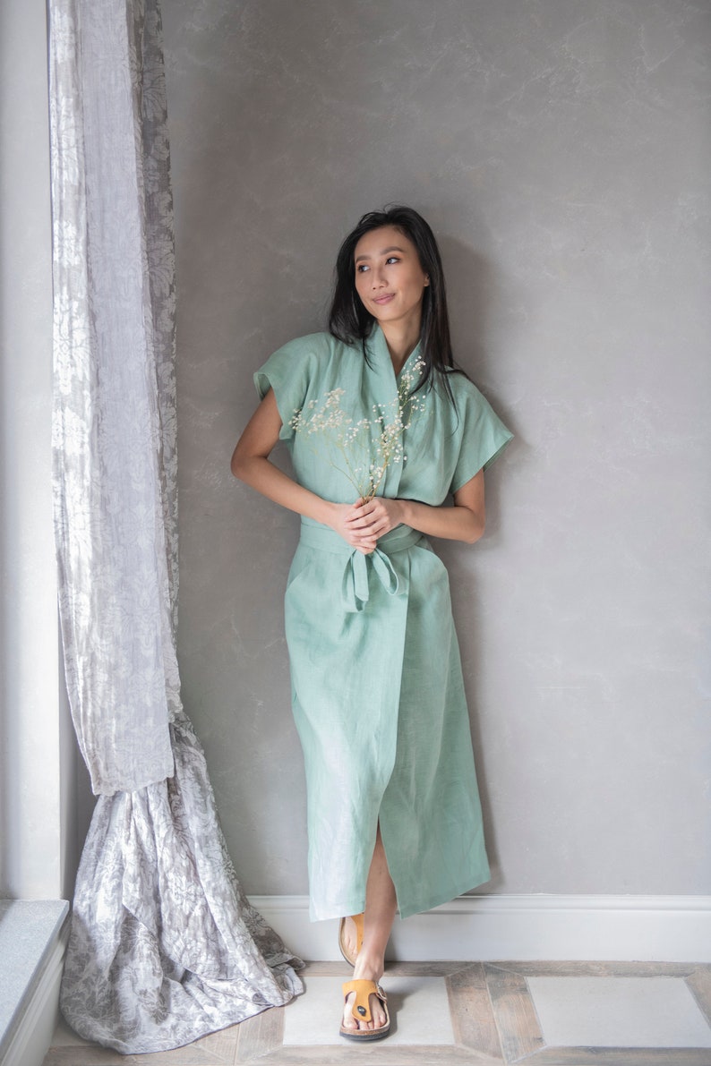 Linen Kimono Dress, Linen Wrap Dress, Linen Summer Dress DAHLIA, Linen Sun Dress, Linen Green Dress image 4