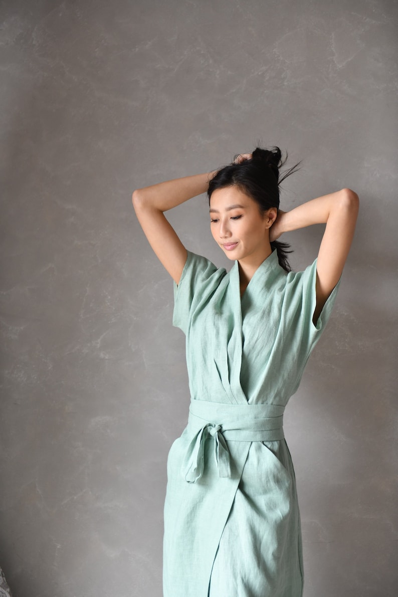 Linen Japanese Dress, Linen Wrap Dress, Summer Linen Dress DAHLIA, Linen Japanese Clothing image 1