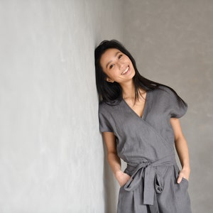 Wrap Jumpsuit Linen, Gray Romper Women, Linen Overalls, Bohemian Jumpsuit for Women AUGUST, Linen Japanese Clothing image 5