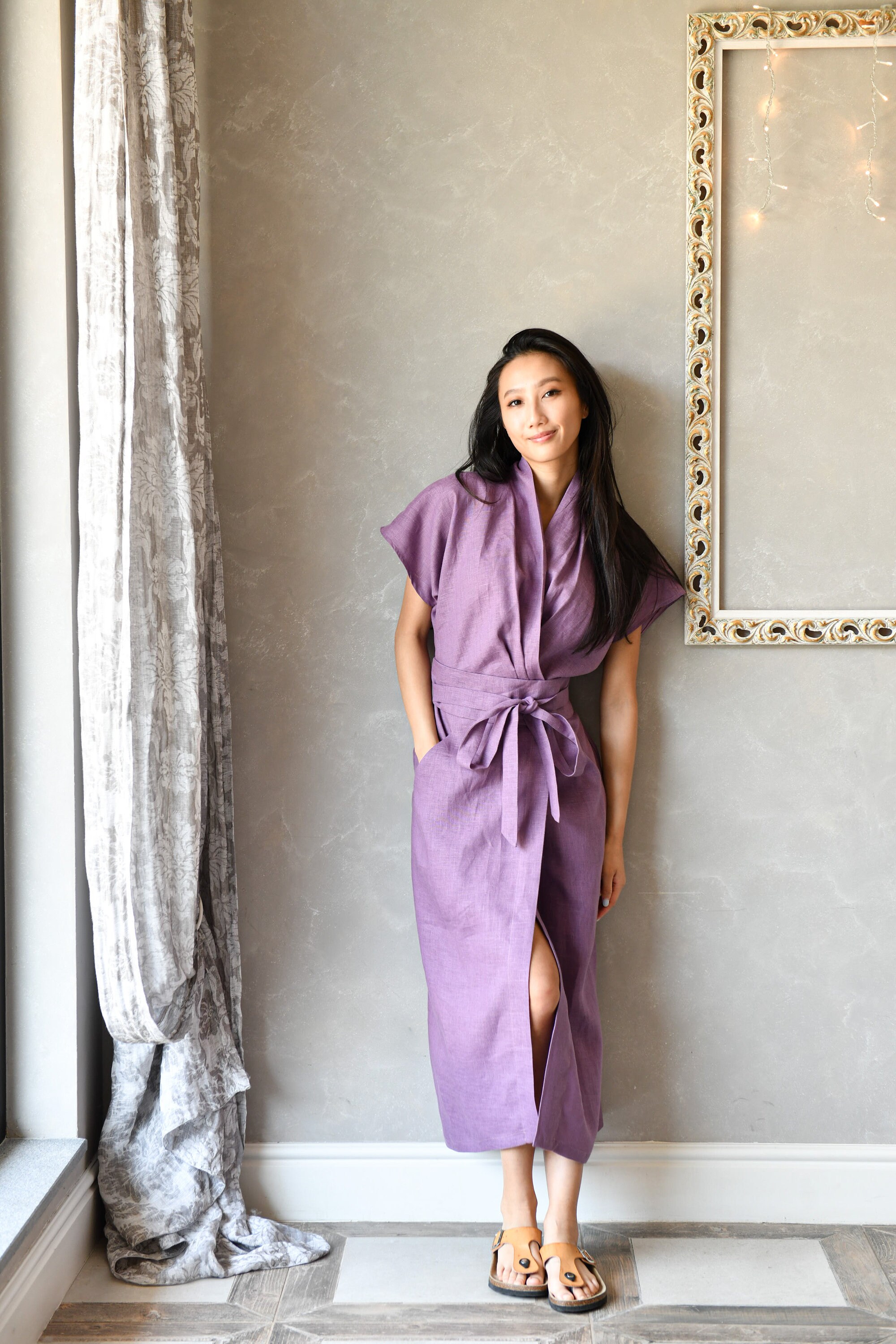 Japanese Kimono Dress, Linen Lavender Dress, Wrap Dress