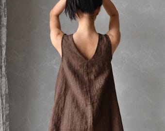 Chocolate Brown Linen Asymmetric Tunic Top, Sleeveless Summer Tank, Plus Size : JULIET