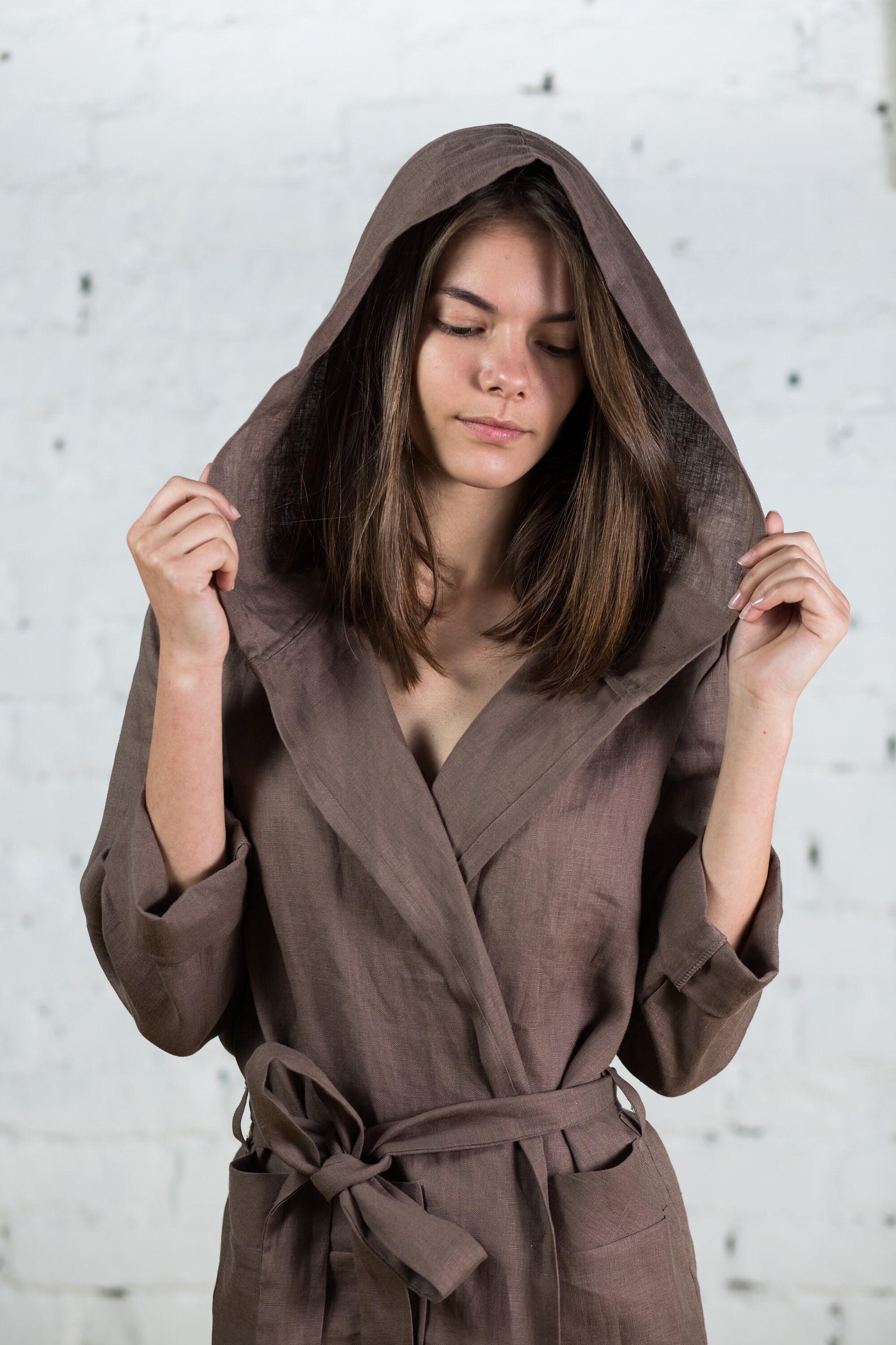 Linen Bathrobe With Hood / Womens Linen Robe With Hood / Linen Etsy