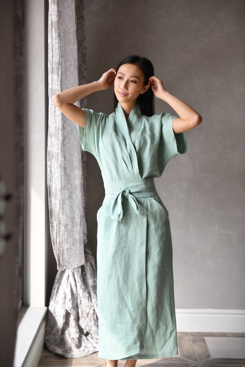 Linen Japanese Dress, Linen Wrap Dress, Summer Linen Dress DAHLIA, Linen Japanese Clothing image 2