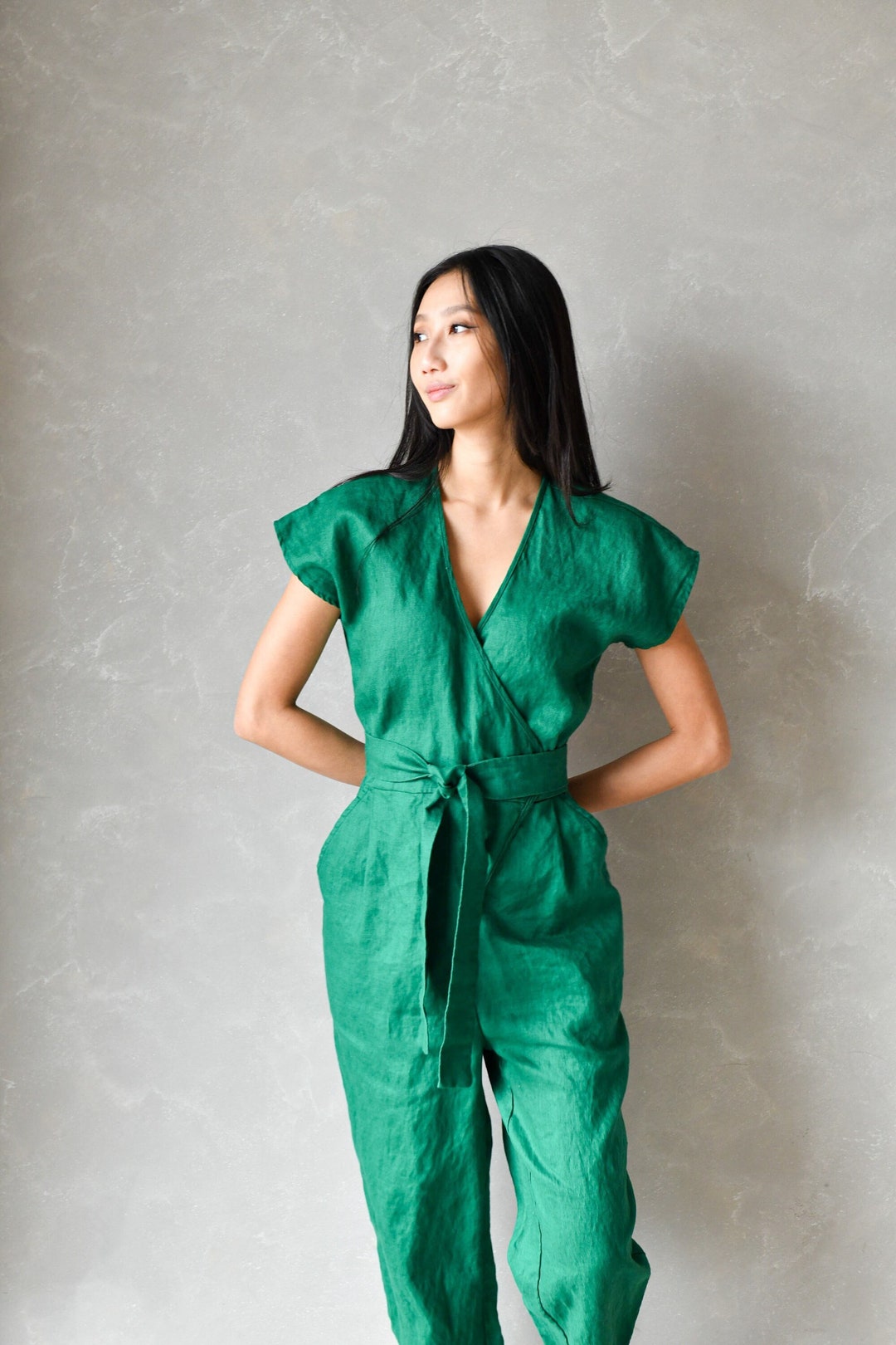 Emerald Green Linen Jumpsuit, Wrap Jumpsuit Women, Plus Size Linen