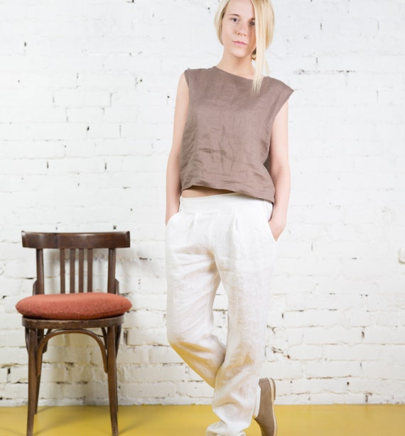 Womens Linen Trousers Woman SABRINA / Pantalon Lin / White Linen