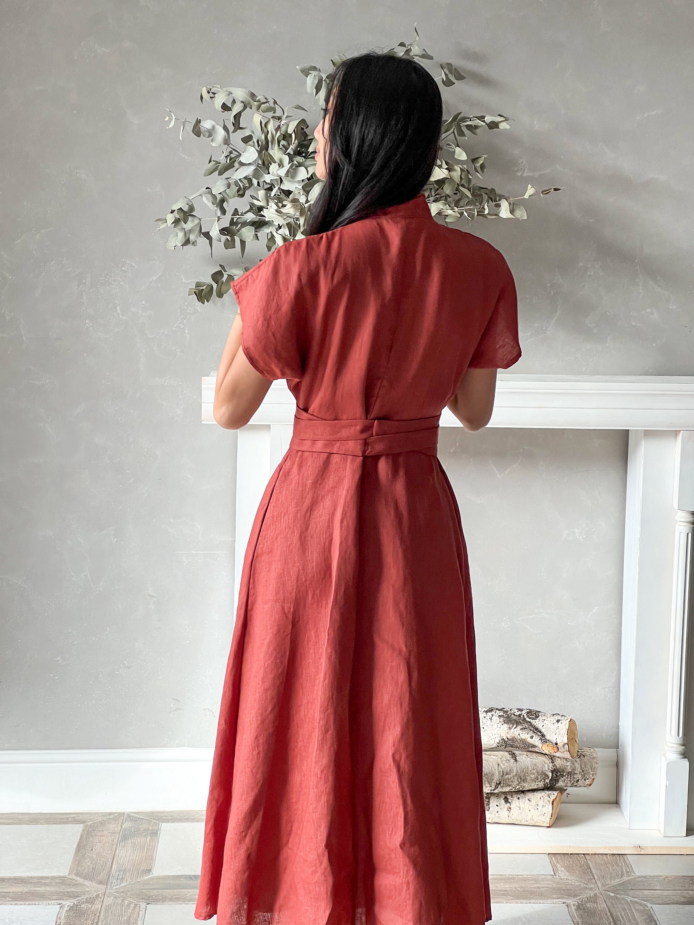 【ゆきんこページ】linenテラコッタ＊かっぽう着ワンピース Linen Japanese Kimono Dress, Wrap Linen Dress, Maxi Linen
