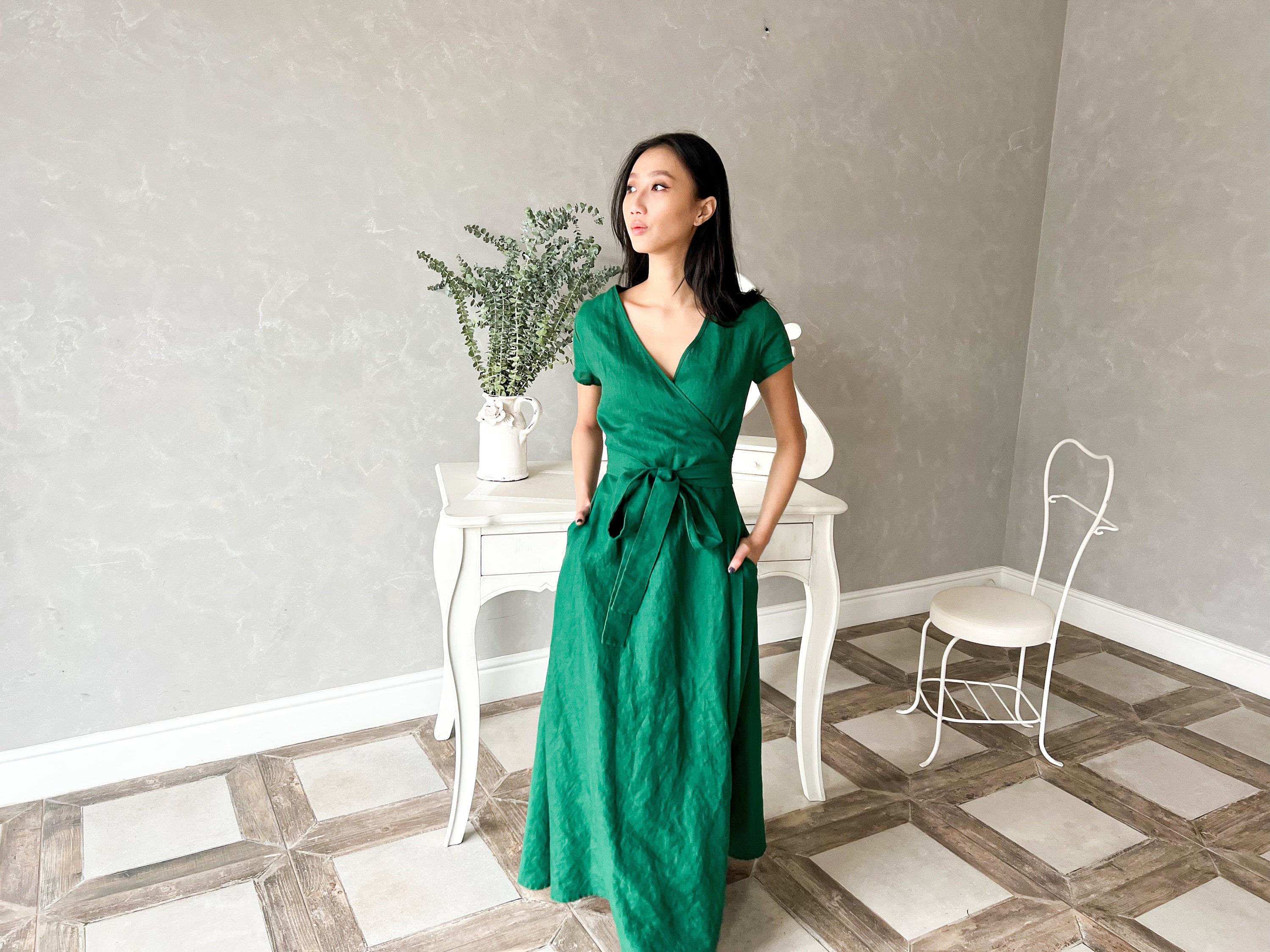 Long Linen Wrap Dress, Linen Caftan Dress, Emerald Green Linen Dress,  Summer Maxi Dress VALENTINA, Plus Size Linen Clothing 