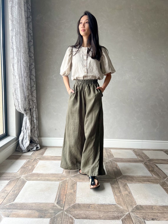【I AM MARI】Washia Linen S/S T Blouse Wide Slacks Set SVALIY Women Flowy Pants Cotton Linen Wide Leg Palazzo Pants
