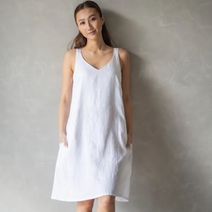 Midi Linen Slip Dress, White Linen Dress, Summer Spaghetti Strap Dress, Linen Pinafore Dress, Sleeveless Dress with Pockets AGNES