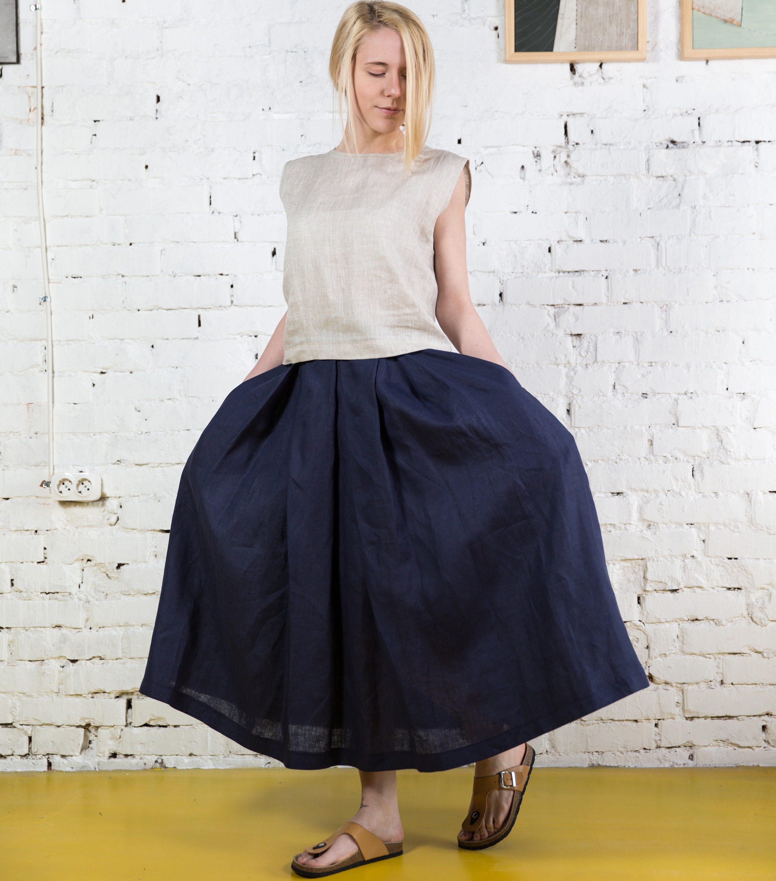 Blue Linen Skirt Wih Pockets CYRENA / Linen Skirts for Women - Etsy
