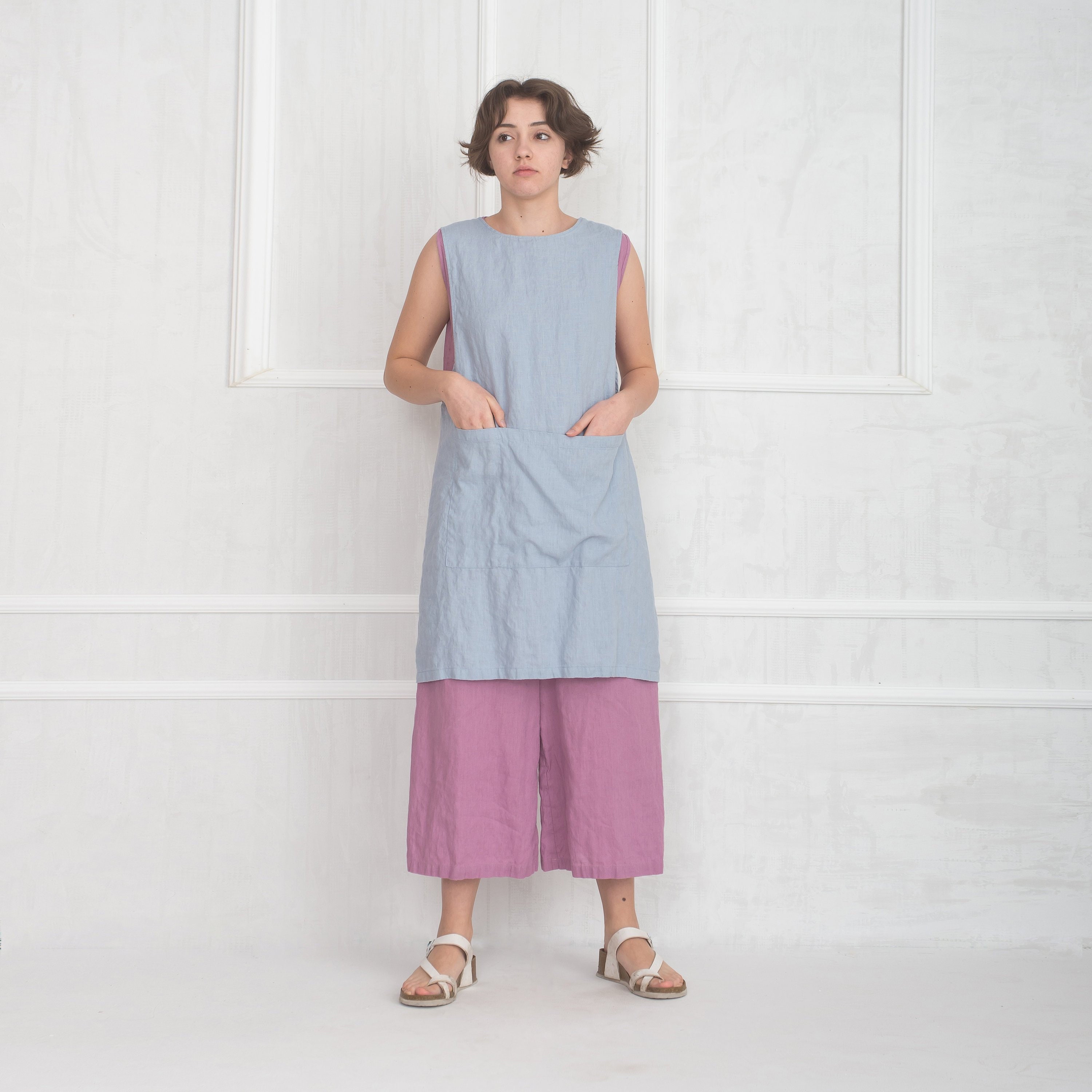 Robe Tablier en Lin/Tablier à Dos Croisé Tabliers avec Poches