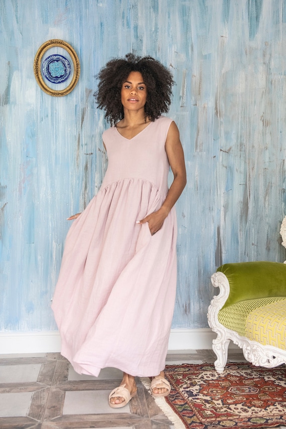 Linen Boho Maxi Dress NAIDA / Plus Size ...