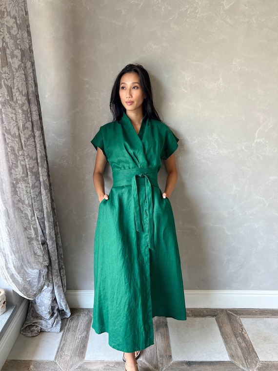 Green Linen Dress, Linen Kimono Dress, Linen Wrap Dress With Obi Belt, Linen Japanese Dress, Linen Tie Waist Dress, Linen Maxi Dress EILEEN - Etsy Green Linen Dress, Linen Kimono Dress, Linen Wrap Dress With Obi Belt, Linen Japanese Dress, Linen Tie Waist Dress, Linen Maxi Dress EILEEN - Etsy