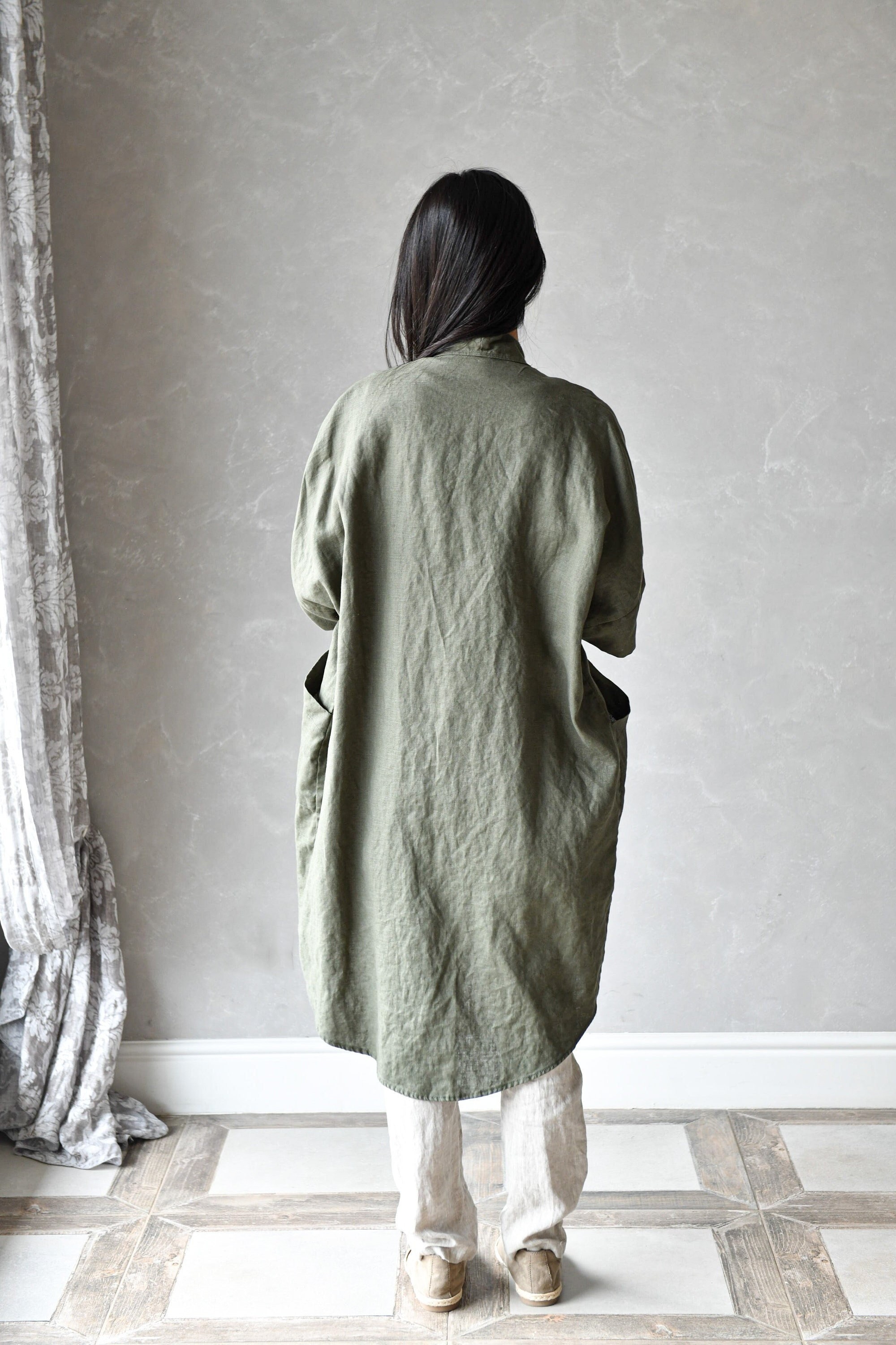 Long Linen Jacket, Linen Green Cloak, Maxi Linen Coat