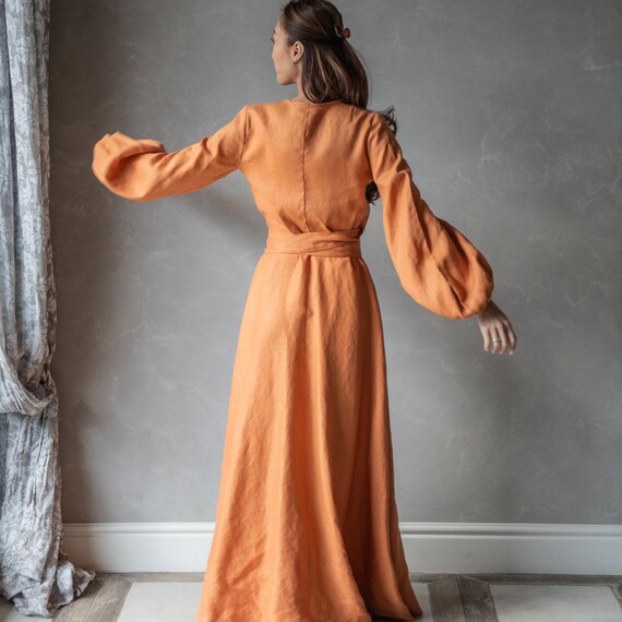 Linen Wrap Dress, Linen Medieval Dress, Orange Maxi Dress, Long Sleeve  Summer Dress, Long Puff Sleeve Dress, Loose Linen Dress REBECCA - Etsy