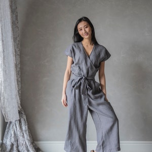 Wrap Jumpsuit Linen, Gray Romper Women, Linen Overalls, Bohemian Jumpsuit for Women AUGUST, Linen Japanese Clothing image 4