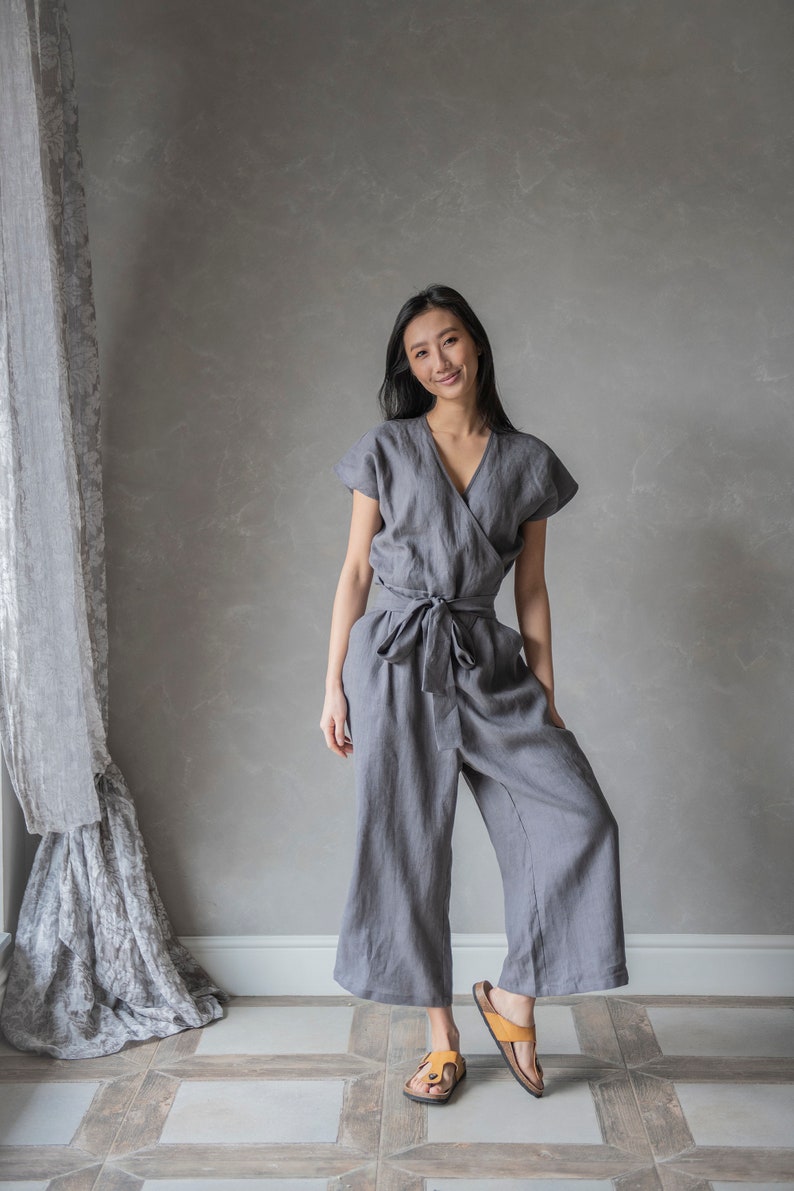 Wrap Jumpsuit Linen, Gray Romper Women, Linen Overalls, Bohemian Jumpsuit for Women AUGUST, Linen Japanese Clothing image 4