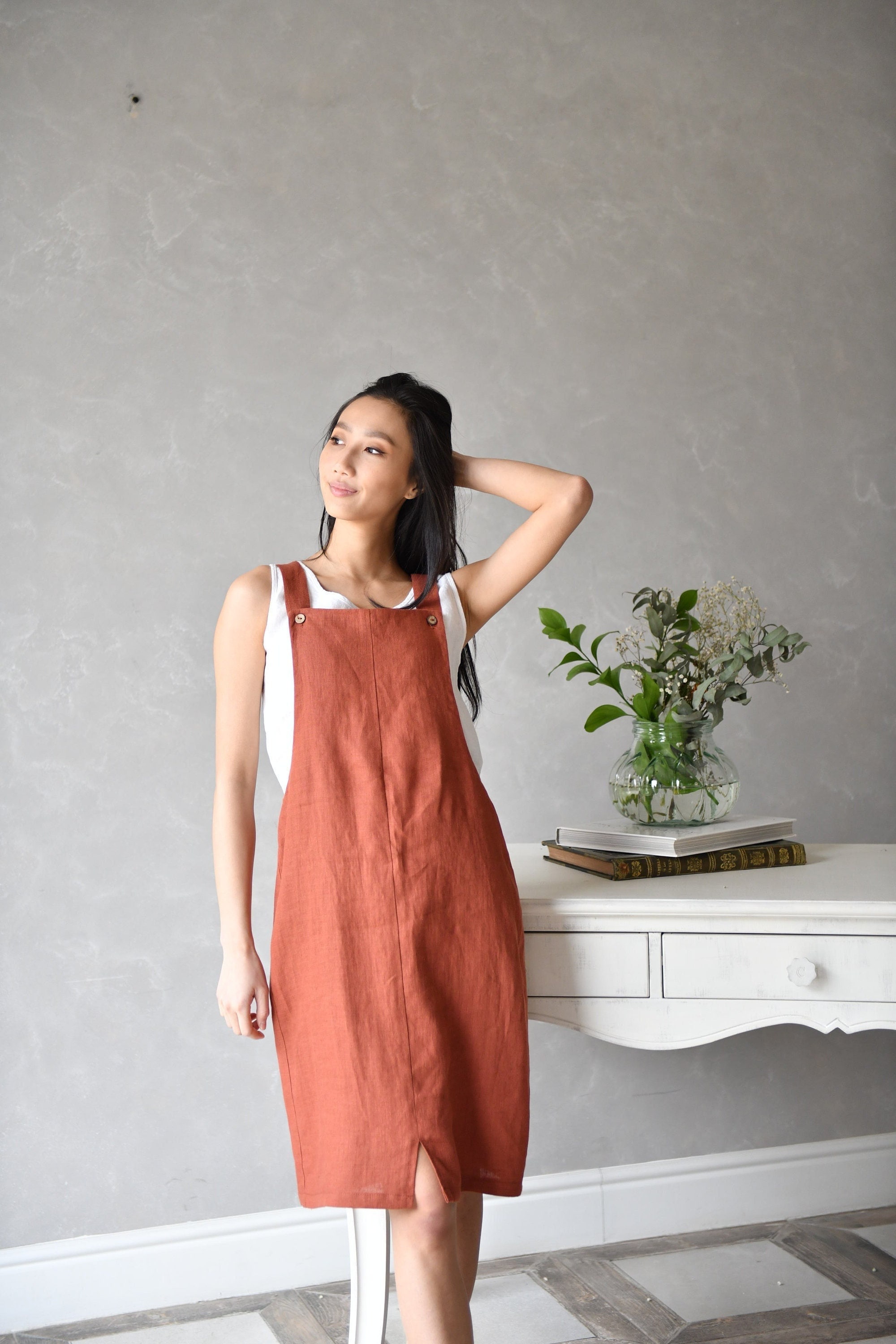 chinese dress ladies Cotton linen dungaree dress