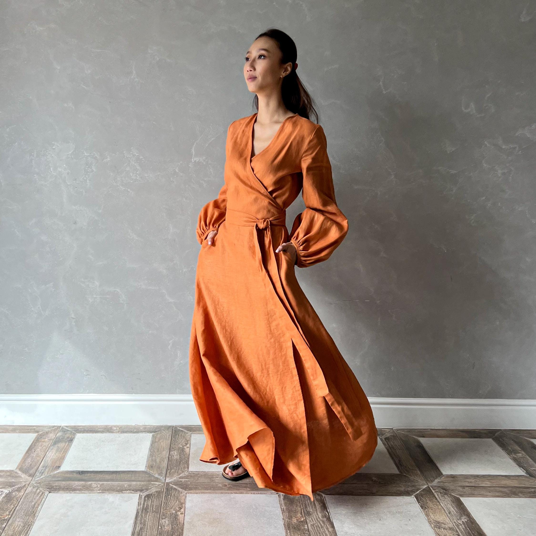 【Papier】Linnen gown/orange Linen Orange Maxi Dress, Linen Wrap Dress, Linen Puff Sleeve