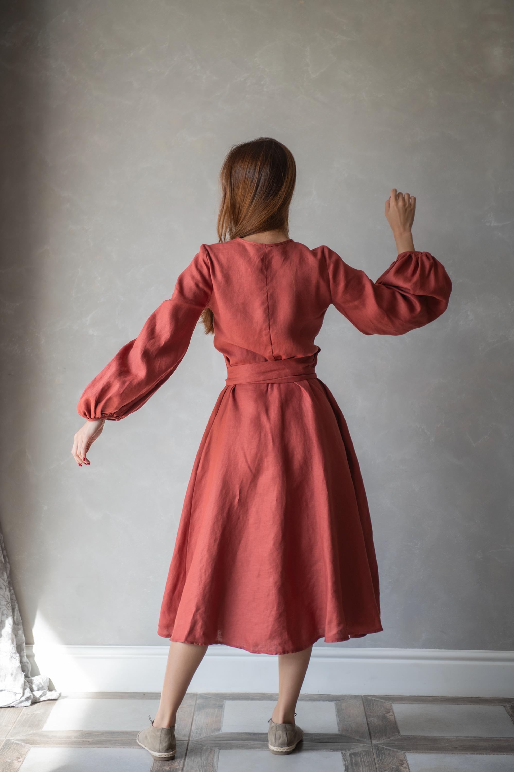 chinese dress ladies Natural Long Sleeve Linen Maxi Dress from NikkaPlace