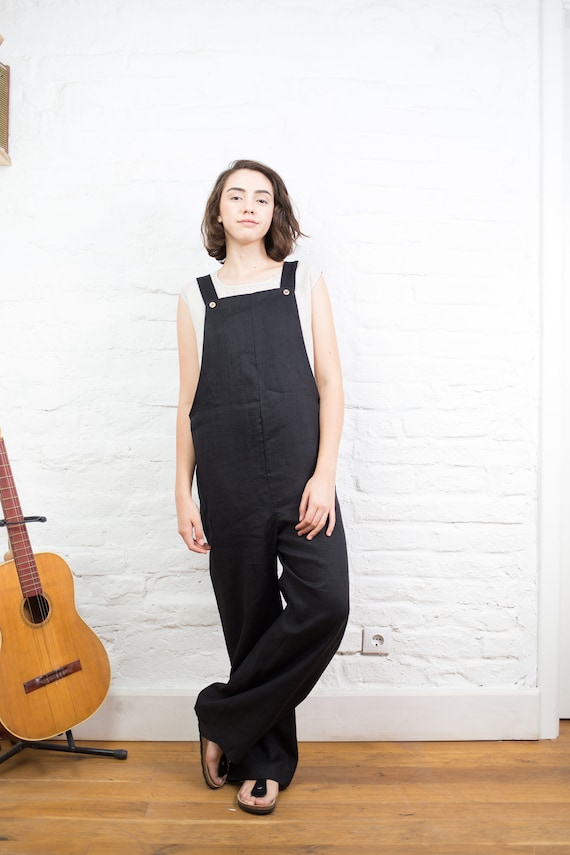 black linen overalls womens
