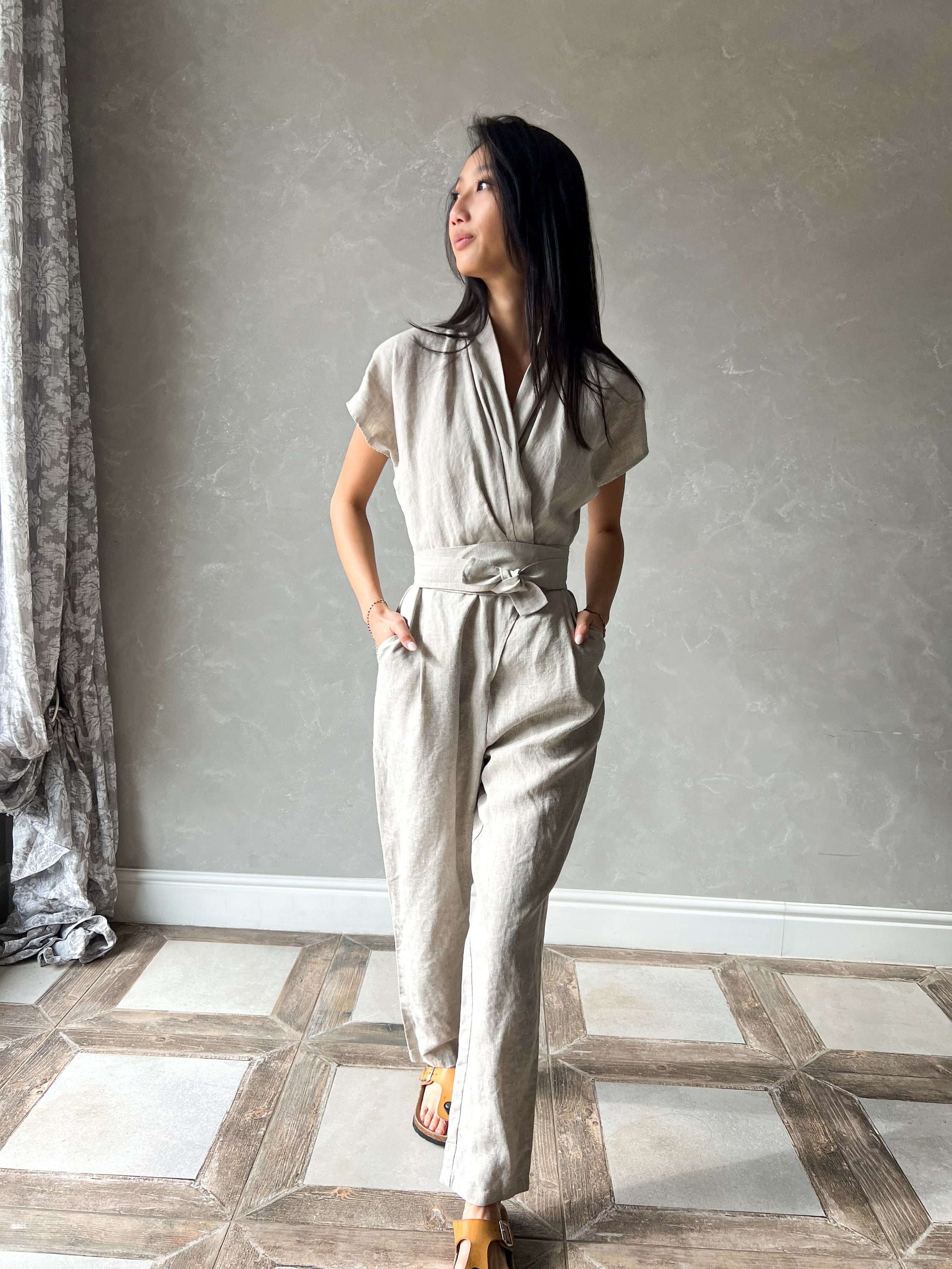 ✨24ss✨HYKE✨LINEN JUMPSUIT✨リネン✨ライトベージュ Linen Jumpsuit Women, Wrap Japanese Jumpsuit, Linen Overalls