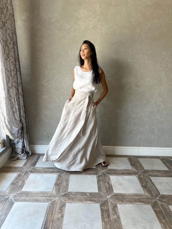Linen Maxi Skirt, Wrap Skirt with Pockets, Long Linen Summer Skirt, Linen Wrap Around Skirt, High Waist Skirt, Linen Full Skirt DOROTHY