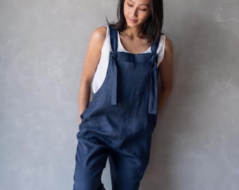 Tuta intera da donna in lino blu scuro, salopette estiva senza maniche: DIDI