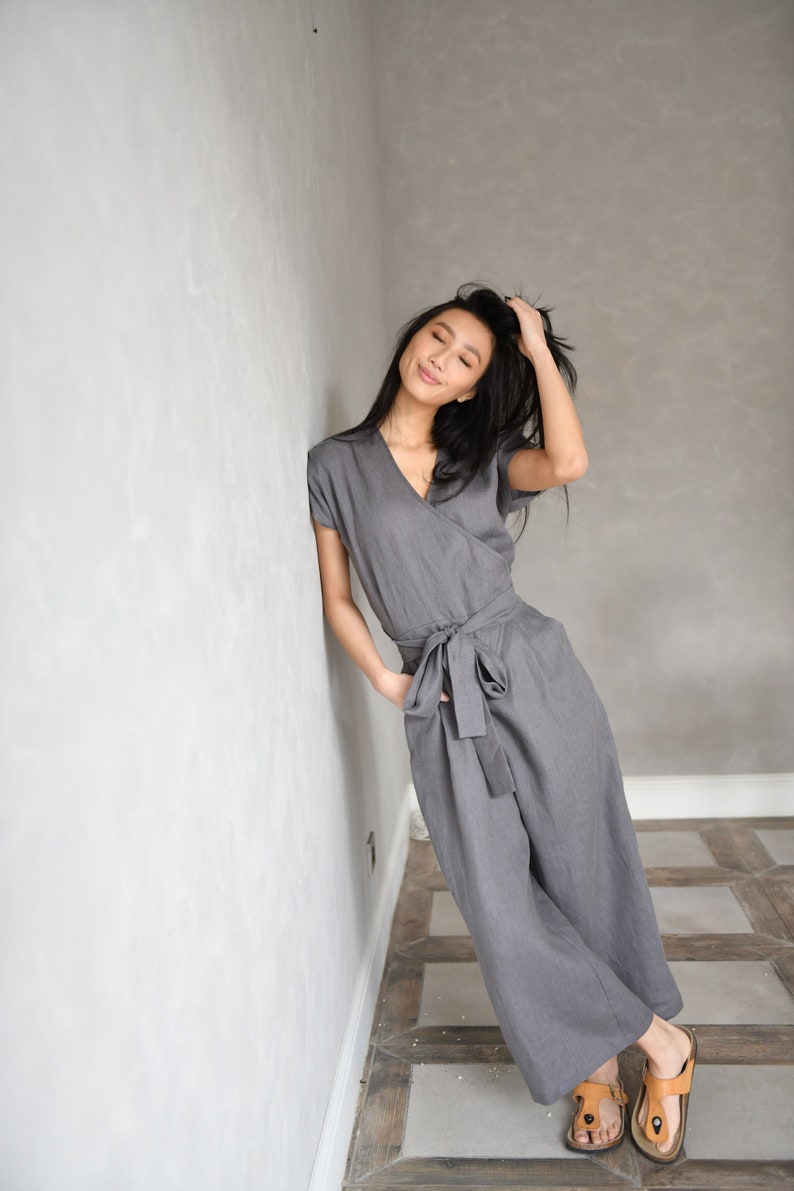 Wrap Jumpsuit Linen, Gray Romper Women, Linen Overalls, Bohemian Jumpsuit for Women AUGUST, Linen Japanese Clothing image 1