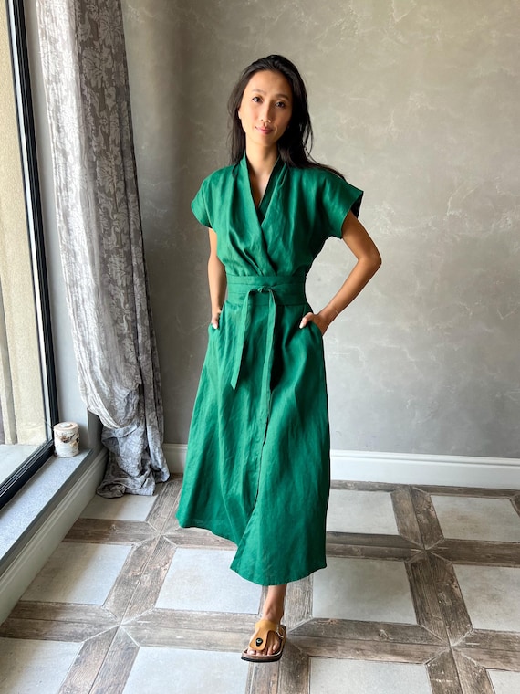 green emerald velvet dress Dark Green Kimono Sleeve Tie Back Neck Elastic Waisted Maxi – Aquarius Brand main image 1
