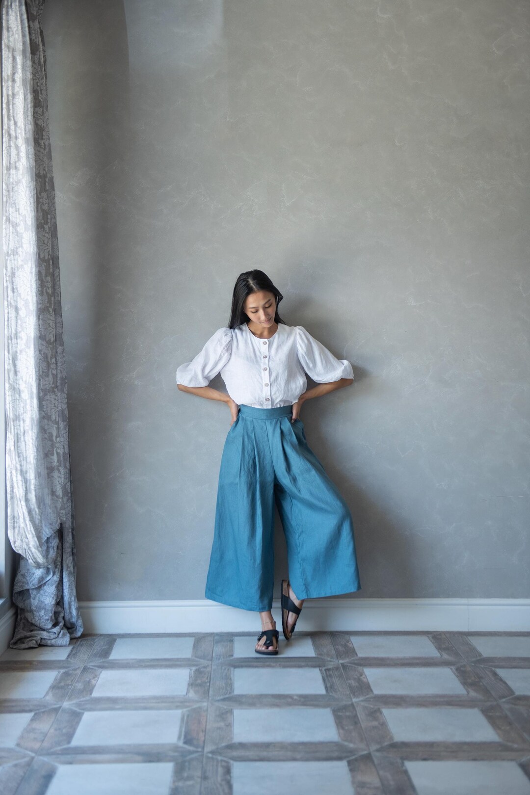 Pantalones anchos de lino, pantalones palazzo de lino, pantalones harén para mujer, pantalones bohemios de verano, pantalones japoneses de lino, pantalones con cintura elástica PORTIA - Etsy España