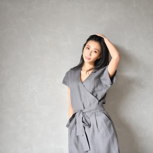 Wrap Jumpsuit Linen, Gray Romper Women, Linen Overalls, Bohemian Jumpsuit for Women AUGUST, Linen Japanese Clothing image 6