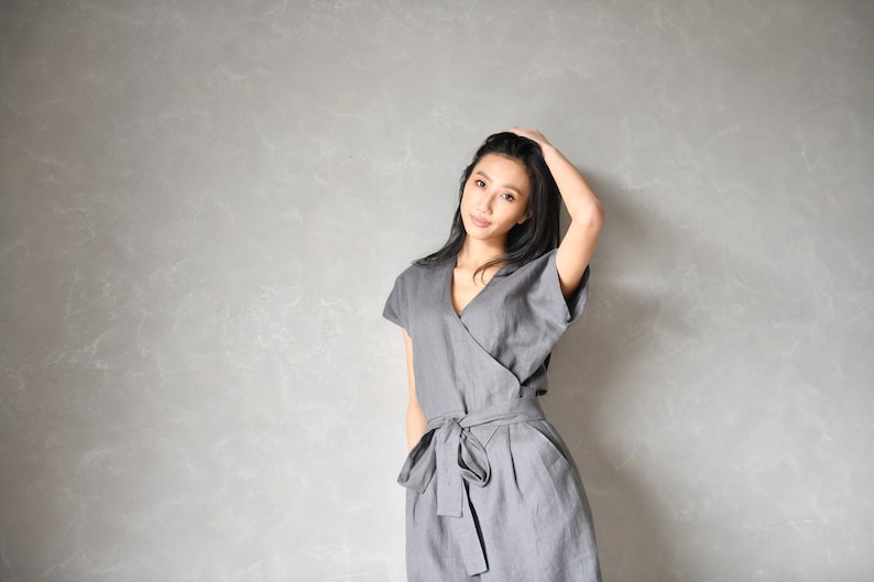 Wrap Jumpsuit Linen, Gray Romper Women, Linen Overalls, Bohemian Jumpsuit for Women AUGUST, Linen Japanese Clothing image 6