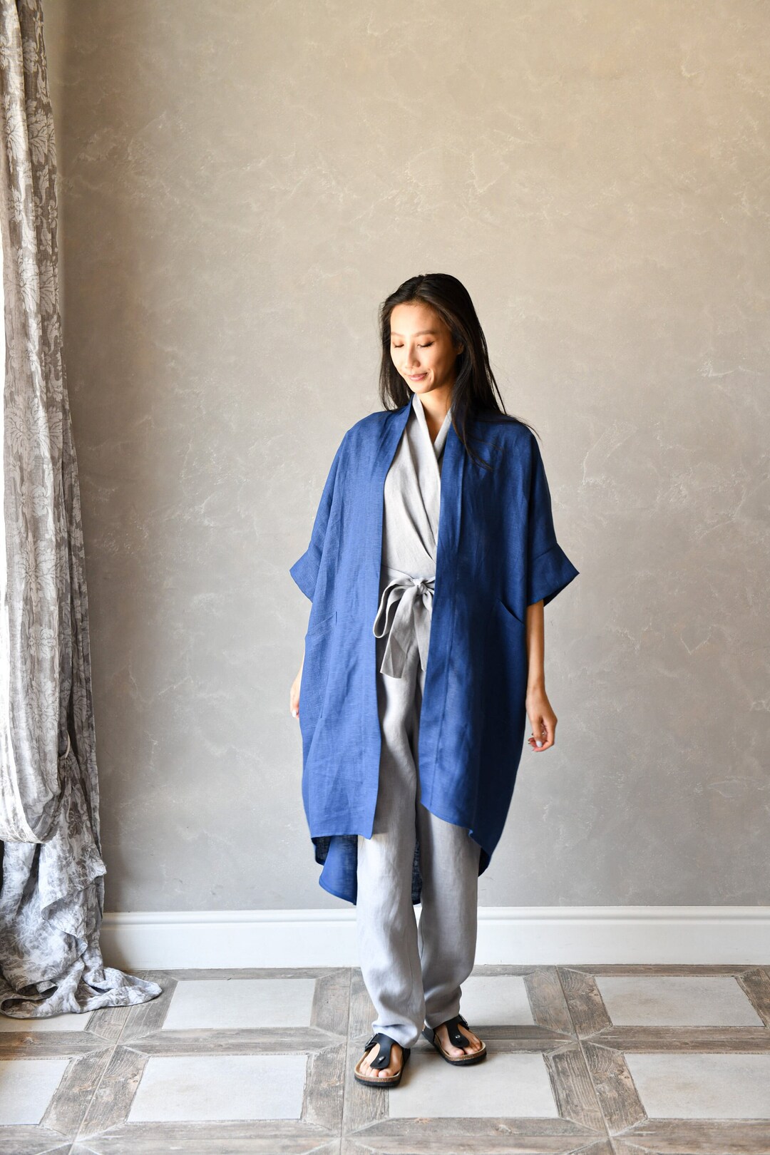 Blue Linen Summer Coat, Linen Cape Coat, Long Linen Jacket, Beach Linen ...
