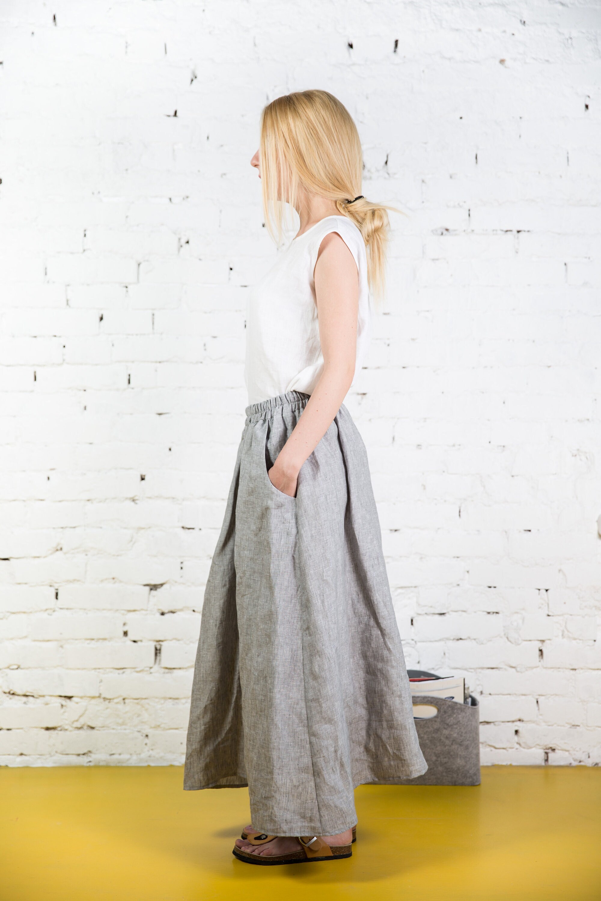 Linen skirt with deep pockets MERIDA / A - line washed linen skirt in red melange/ Midi linen skirt / High waist linen skirt
