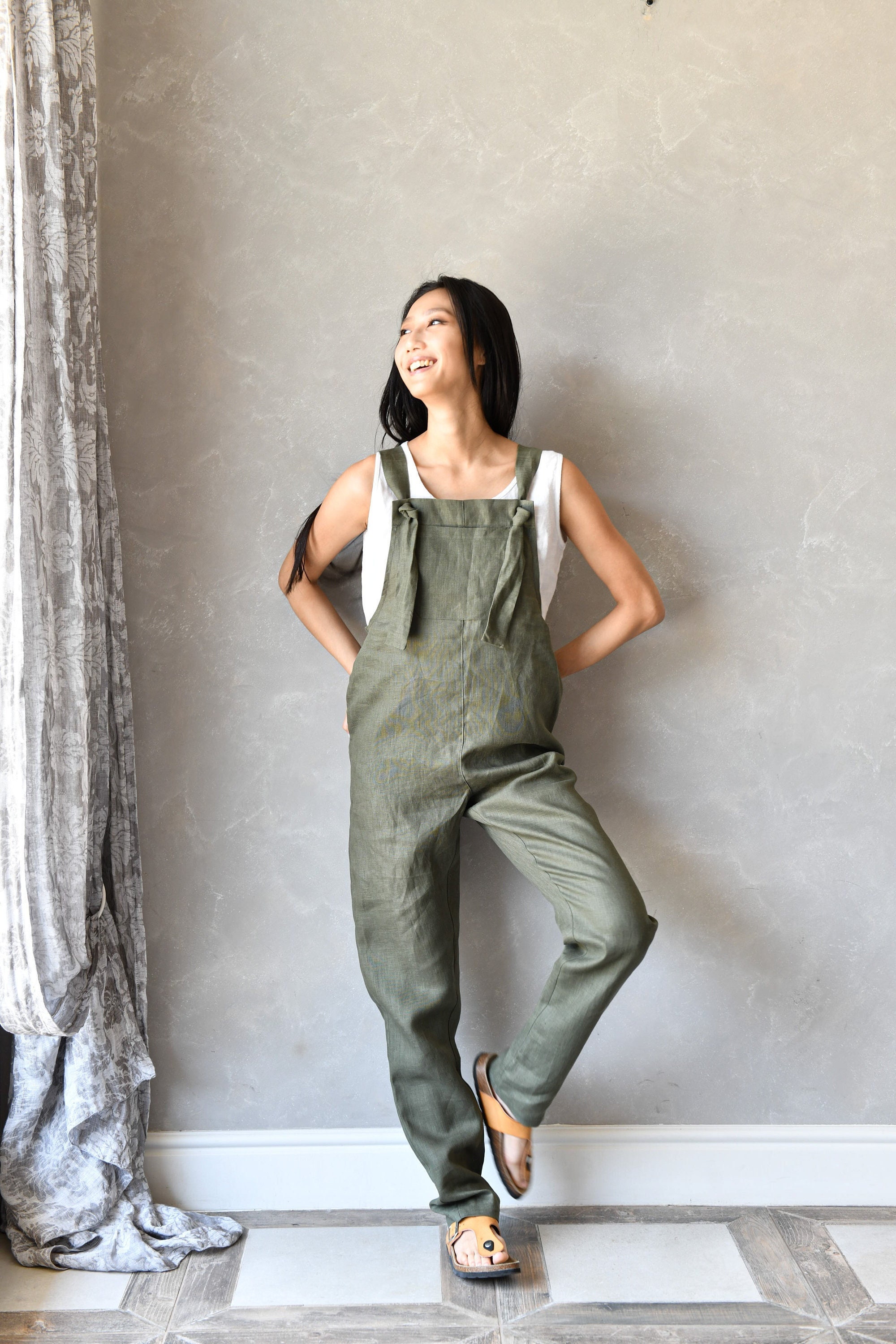 Linen Dungarees, Green Linen Jumpsuit, Plus Size Overalls Women DIDI, Women  Linen Jumper, Linen Japanese Clothing 