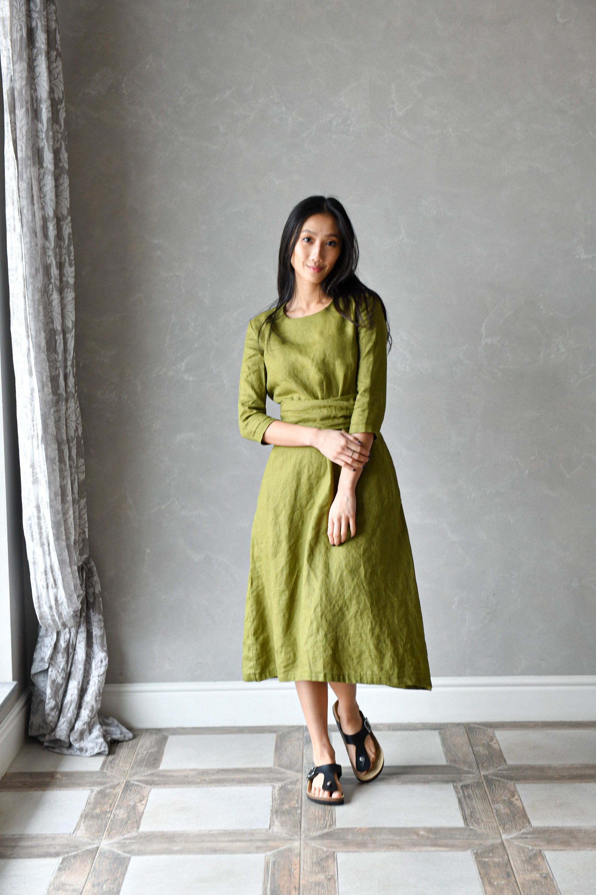 chinese dress ladies Midi linen dress BOHOL in Green