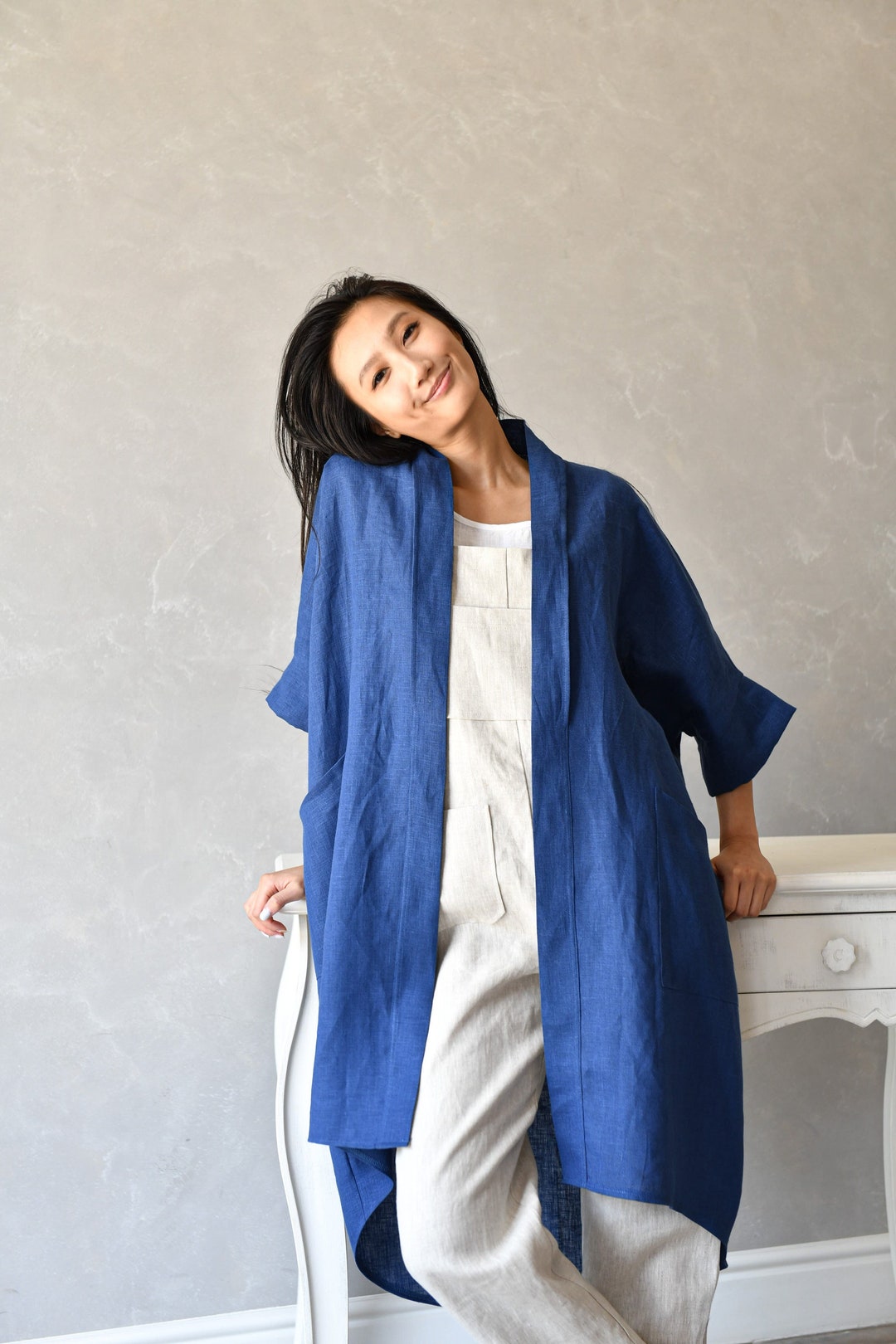 Linen Kimono Jacket, Asymmetrical Linen Duster, Plus Size Linen Swing