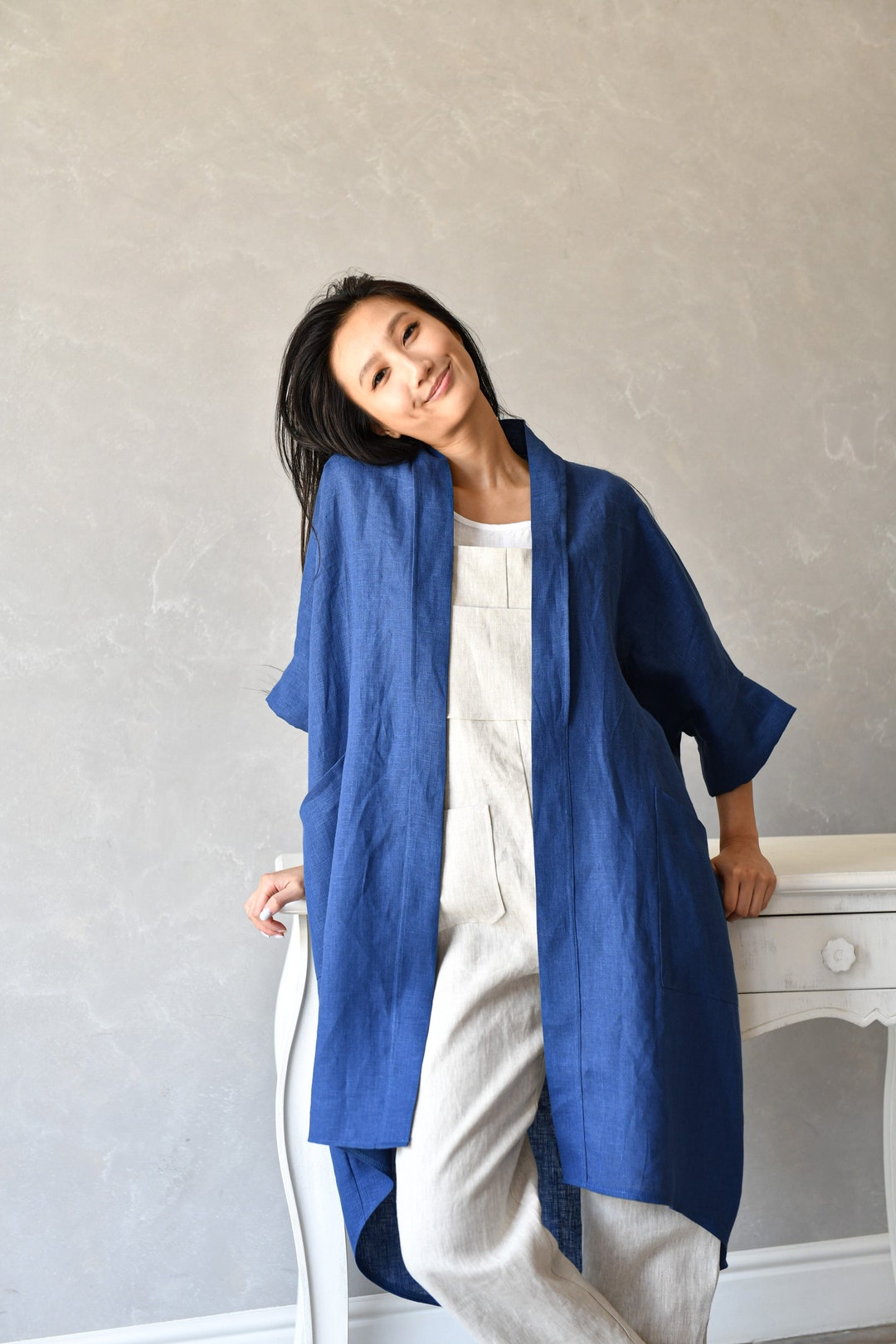 Linen Kimono Jacket, Asymmetrical Linen Duster, Plus Size Linen Swing ...