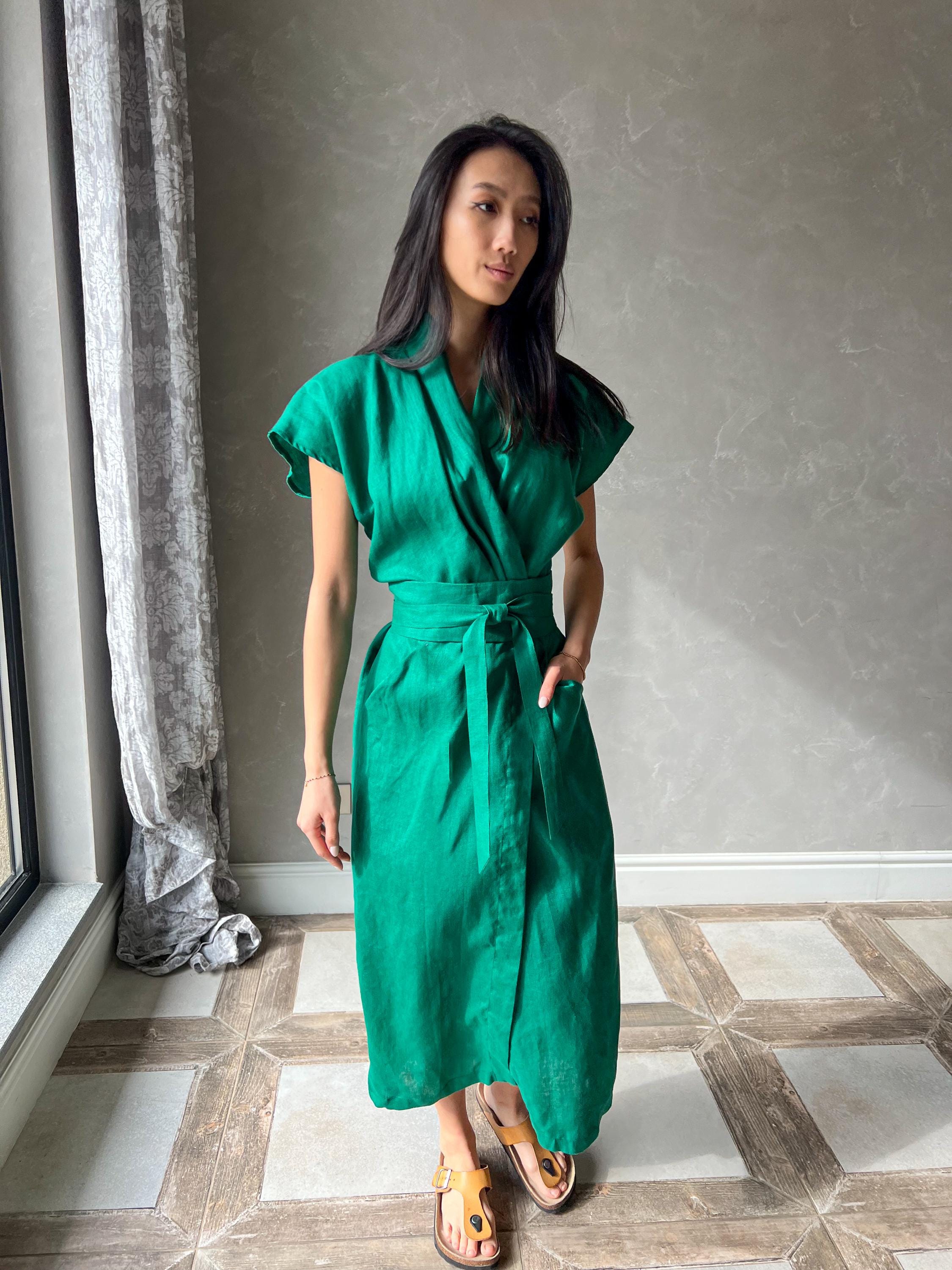 Green Linen Wrap Kimono Dress : Long Summer Japanese Style Clothing - Dahlia