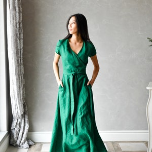 Long Linen Wrap Dress, Linen Caftan Dress, Emerald Green Linen Dress, Summer Maxi Dress VALENTINA, Plus Size Linen Clothing